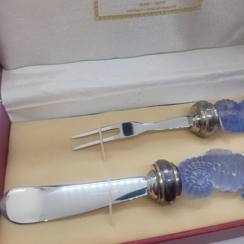 Hans Turnwald Marine Life Seahorse Spreader and Food Pick Set Silver Plated Blue